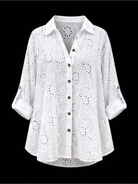 SHEIN White Eyelet Button-Up Coverup Blouse
